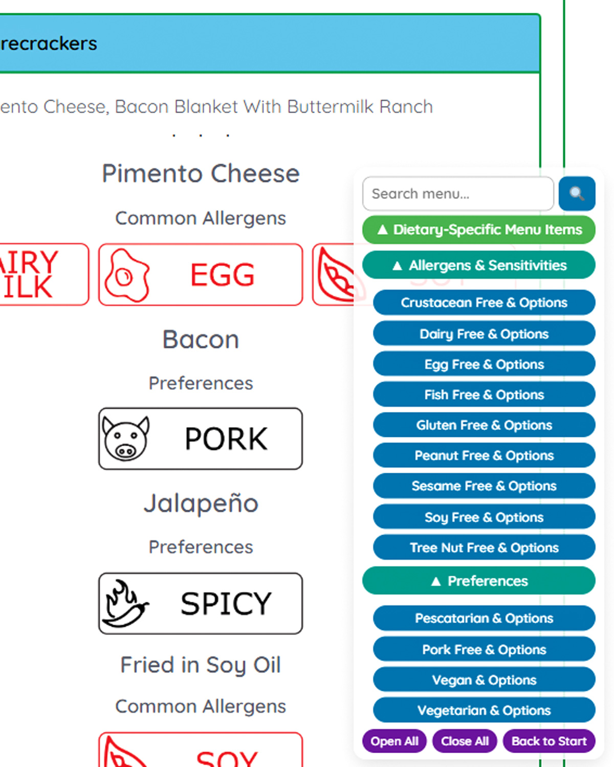 EatCode floating filter panel showing allergen and dietary filters